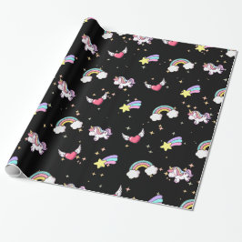 Zwarte Cute Regenboog Eenhoorn Ster Magisch Cadeaupapier