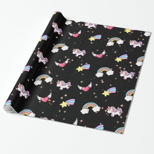 Zwarte Cute Regenboog Eenhoorn Ster Magisch Cadeaupapier (Uitgerold)
