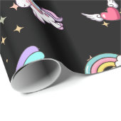 Zwarte Cute Regenboog Eenhoorn Ster Magisch Cadeaupapier (Rol Hoek)