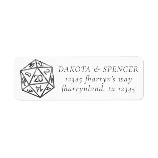 Zwarte D20-rit | RPG Tabletop Fantasy Dice Address Etiket (Voorkant)