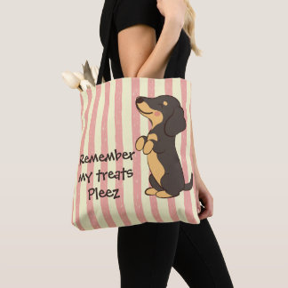 Zwarte Dachshund die om Snacks vraagt Roze Strepen Tote Bag