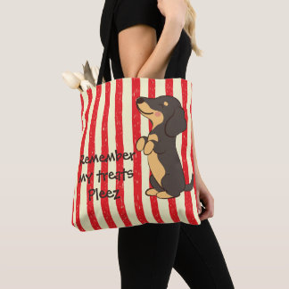 Zwarte Dachshund die om snoepjes vraagt Rode Strep Tote Bag