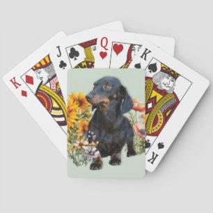 Zwarte Dachshund-hond in veldbloemen Pokerkaarten