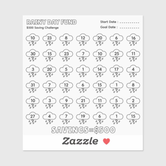 Zwarte Dag Fonds 500$ Spaar Uitdaging Budget Plan Sticker (Vel)