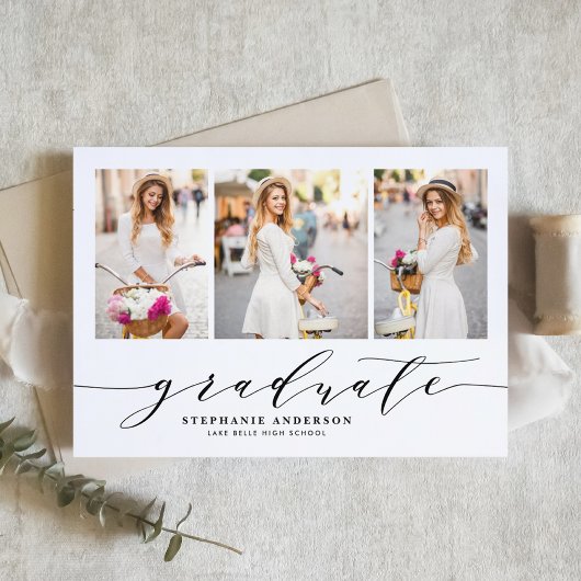 Zwarte Dainty Script Drie Foto Afstuderen Aankondiging