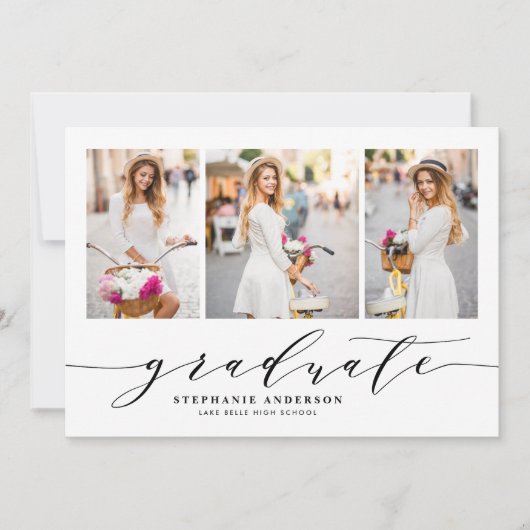 Zwarte Dainty Script Drie Foto Afstuderen Aankondiging (Voorkant)