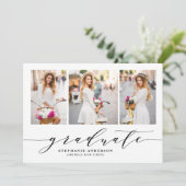 Zwarte Dainty Script Drie Foto Afstuderen Kaart (Staand voorkant)