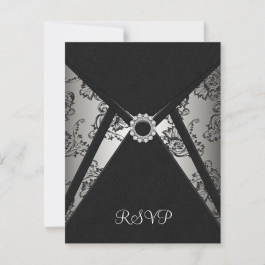 Zwarte Damask Elegant RSVP-kaart RSVP Kaartje (Voorkant)
