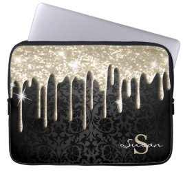 Zwarte Damask en Gold Glitter Drip Laptop Sleeve