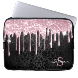 Zwarte Damask en roze glitter Drip Laptop Sleeve