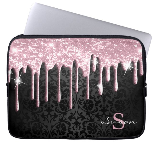 Zwarte Damask en roze glitter Drip Laptop Sleeve (Voorkant)
