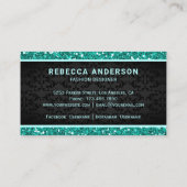 Zwarte Damask Faux Blauwgroen Mint Glitter Royal C Visitekaartje (Achterkant)