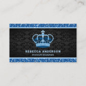 Zwarte Damask Faux Blue Glitter Royal Crown Visitekaartje (Voorkant)