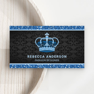 Zwarte Damask Faux Blue Glitter Royal Crown Visitekaartje