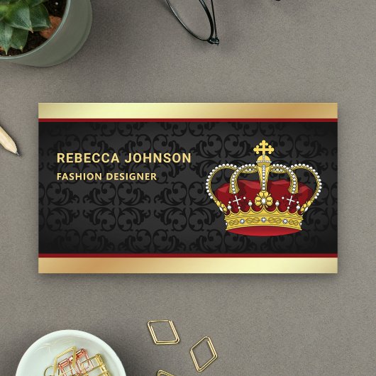 Zwarte Damask Faux Gold Foil Red Crown Visitekaartje