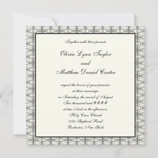 Zwarte Damask Lace Bow Wedding Kaart (Achterkant)