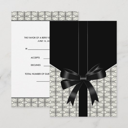 Zwarte Damask Lace Bow Zwart Wit RSVP (Voorkant / Achterkant)
