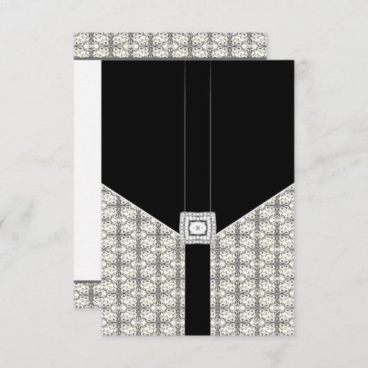 Zwarte Damask Lace Diamond Wedding RSVP Kaarten (Voorkant / Achterkant)