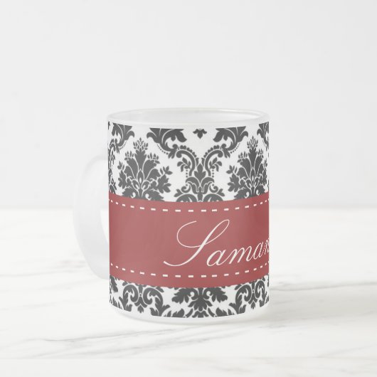 Zwarte Damask Lace Frosted Glass Coffee Mok Cup (Voorkant links)