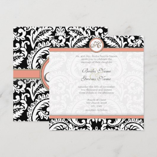 Zwarte Damask met Coral & Gray Wedding Invitations Kaart (Voorkant / Achterkant)