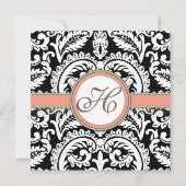 Zwarte Damask met Coral & Gray Wedding Invitations Kaart (Achterkant)