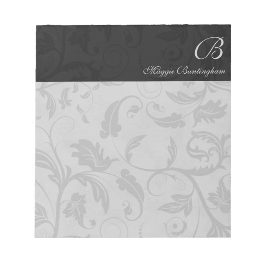 Zwarte Damask met naam en monogram Notitieblok (Voorkant)