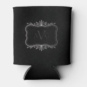 Zwarte Damask met zilverlijst monogram Blikjeskoeler (Voorkant)