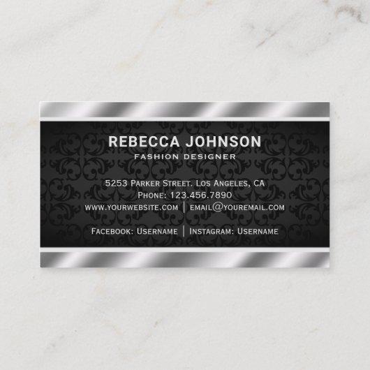 Zwarte Damask Metallic Steel Zilveren Kroon Visitekaartje (Achterkant)