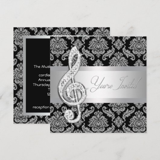 Zwarte Damask Muziek Treble Clef Overweging Uitnod Kaart (Voorkant / Achterkant)