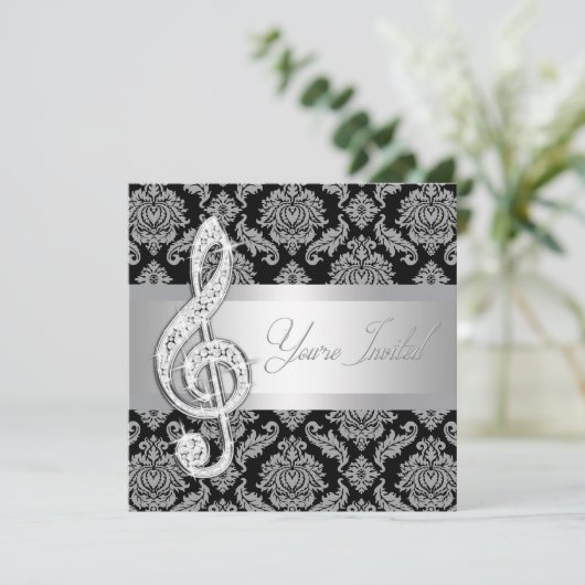 Zwarte Damask Muziek Treble Clef Overweging Uitnod Kaart (Staand voorkant)