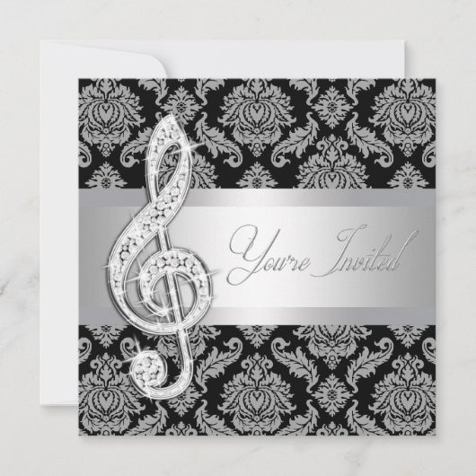Zwarte Damask Muziek Treble Clef Overweging Uitnod Kaart (Voorkant)