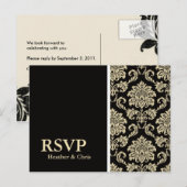 Zwarte Damask RSVP briefkaart (Voorkant / Achterkant)