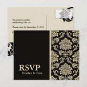 Zwarte Damask RSVP briefkaart (Voorkant / Achterkant)