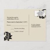 Zwarte Damask RSVP briefkaart (Achterkant)