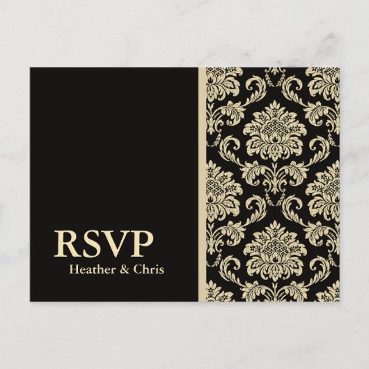 Zwarte Damask RSVP briefkaart (Voorkant)