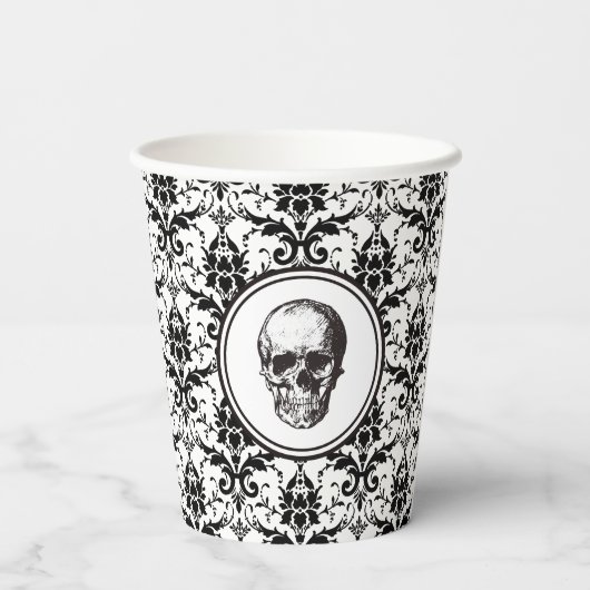  zwarte Damask Skull Halloween Papieren Bekers (Achterkant)