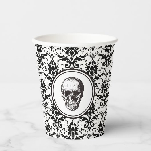  zwarte Damask Skull Halloween Papieren Bekers (Voorkant)