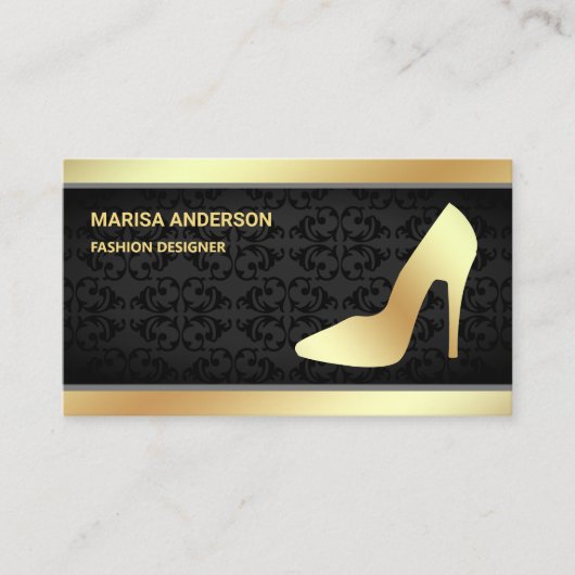 Zwarte Damask Trendy Gold Folie Hoge Hakken Stilet Visitekaartje (Voorkant)