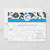 Zwarte Damast Aquamarijn afgewerkte Trouwuitnodigi RSVP Kaartje (Voorkant)