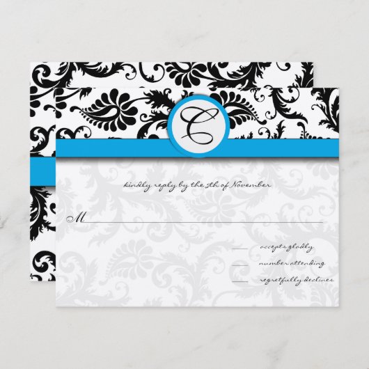 Zwarte Damast Aquamarijn afgewerkte Trouwuitnodigi RSVP Kaartje (Voorkant / Achterkant)