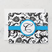 Zwarte Damast Aquamarijn afgewerkte Trouwuitnodigi RSVP Kaartje (Achterkant)