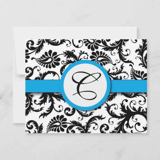 Zwarte Damast Aquamarijn afgewerkte Trouwuitnodigi RSVP Kaartje (Achterkant)