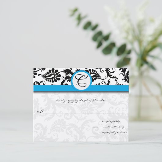 Zwarte Damast Aquamarijn afgewerkte Trouwuitnodigi RSVP Kaartje (Staand voorkant)