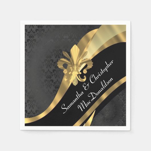 Zwarte damast en gouden fleur de lys servet (Voorkant)