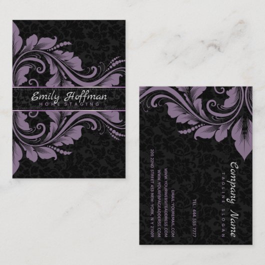 Zwarte damast en Paarse Ornament Visitekaartje (Voorkant / Achterkant)
