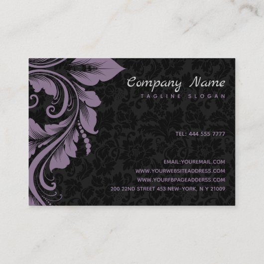 Zwarte damast en Paarse Ornament Visitekaartje (Achterkant)