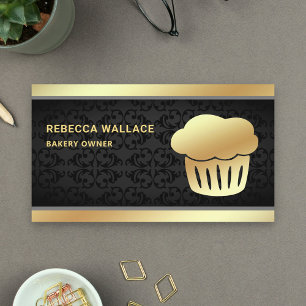 Zwarte Damast Gouden Folie Thuisgemaakte Cupcake B Visitekaartje
