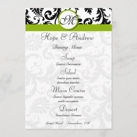 Zwarte Damast Krulappel Groene Trouwmenu Menu (Voorkant)
