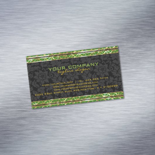Zwarte damast met groene en gouden retro rand visitekaartje magneet (Voorbeeld)