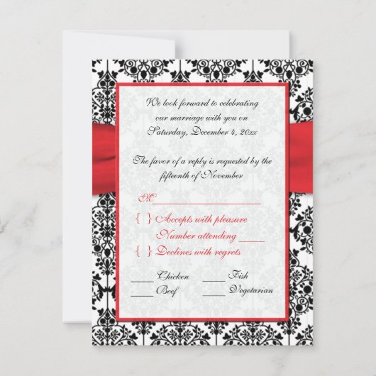 Zwarte Damast met Klaprood Rode RSVP Kaart (Achterkant)